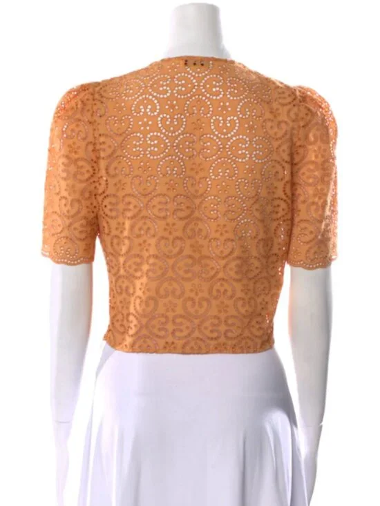 Sandro V-Neck Short Sleeve Eyelet Lace Blouse Orange Size 1 - Picture 3 of 3